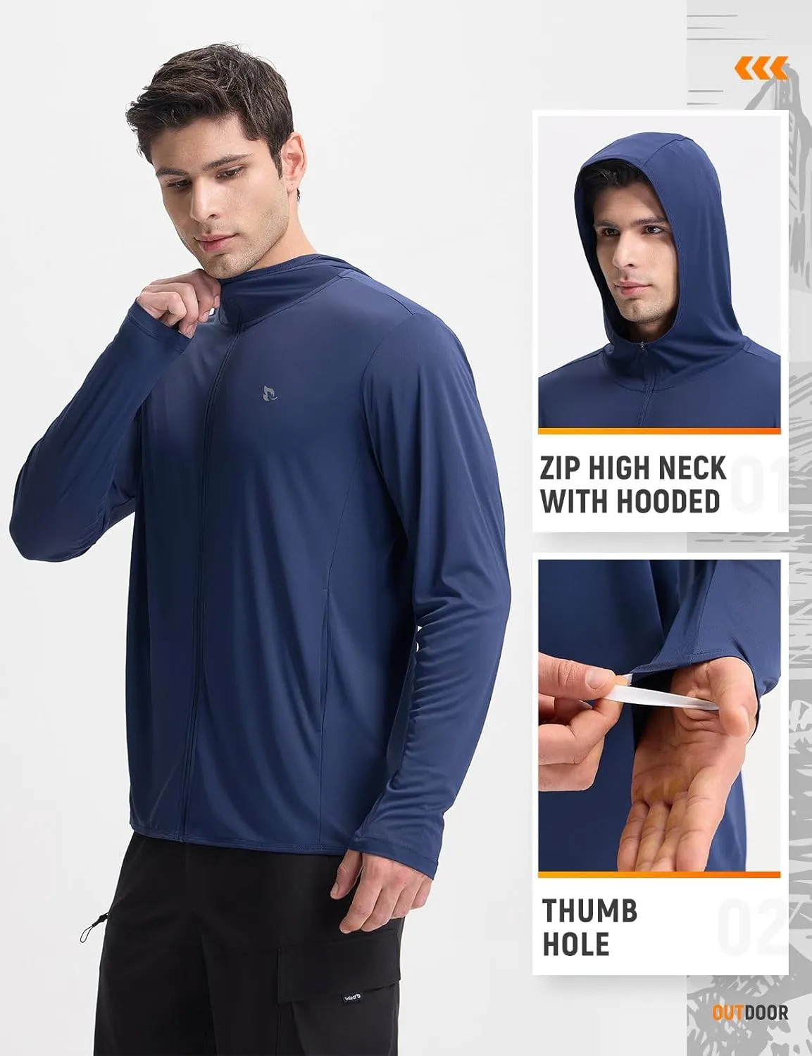 baleaf Men's UPF 50  Sun Protection Hoodie Full Zip Jacket Lightweight Long Sleeve Cooling Shirts Pockets Hiking Fishing