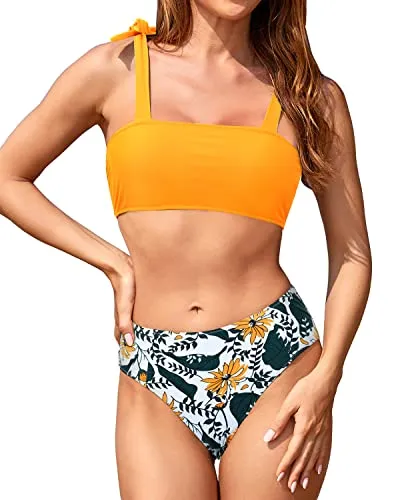Bandeau Swimsuit Set With High Cut Bottoms For Teen Girls And Juniors-Yellow Floral