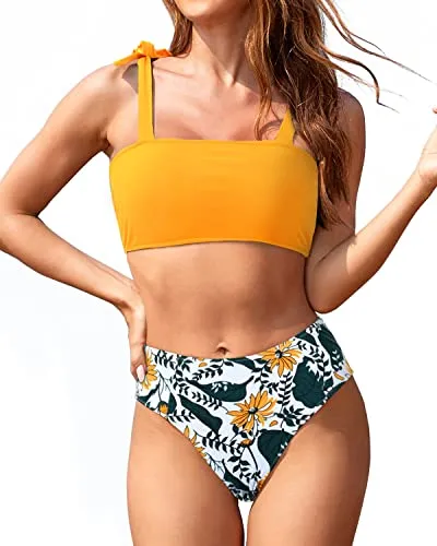 Bandeau Swimsuit Set With High Cut Bottoms For Teen Girls And Juniors-Yellow Floral