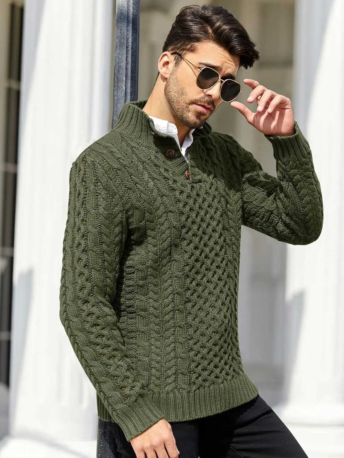 Bbalizko Mens Stand Collar Pullover Sweater Cable Knitted Chunky Winter Fashion Buttons Twisted Thermal Sweaters