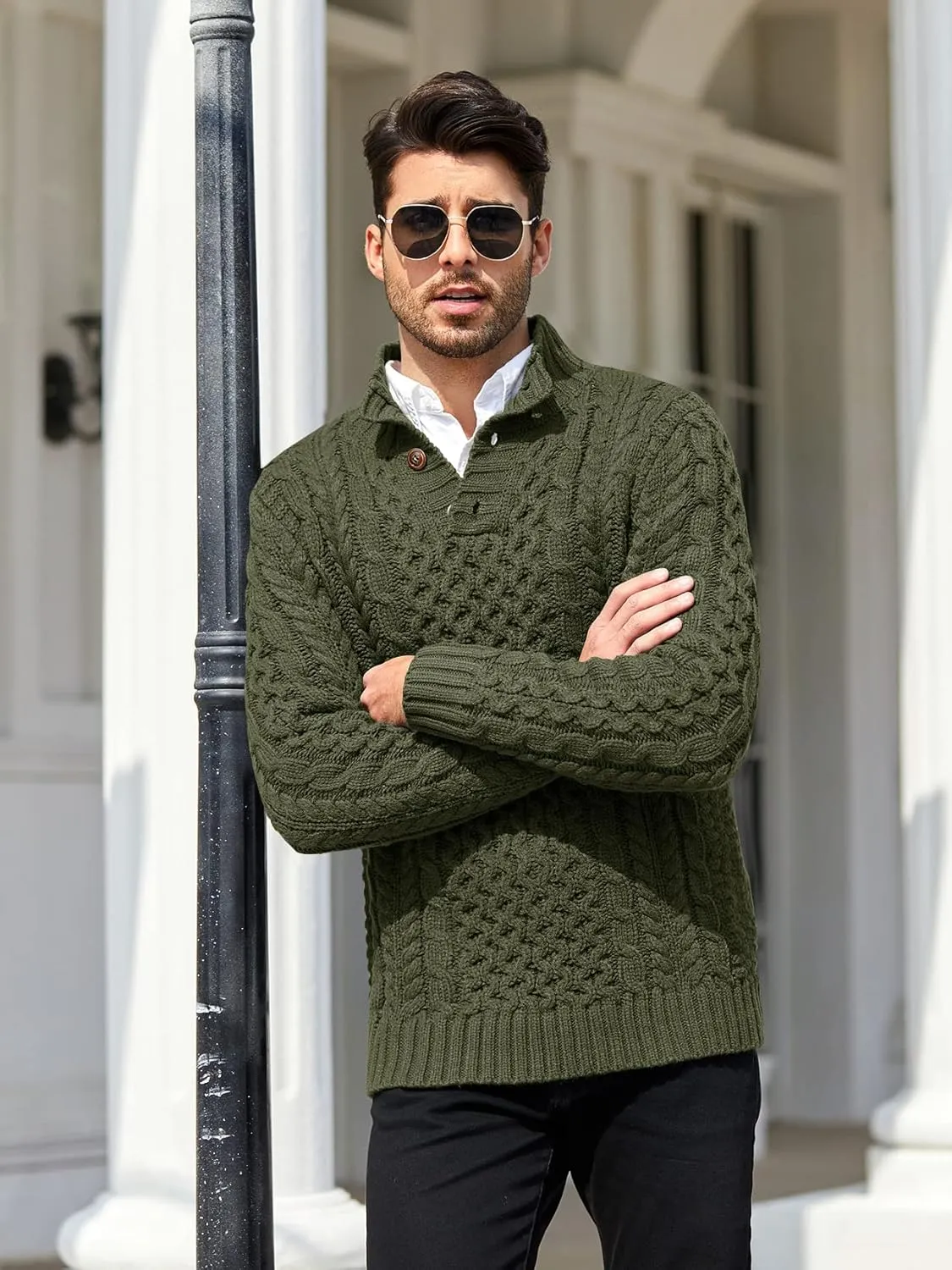 Bbalizko Mens Stand Collar Pullover Sweater Cable Knitted Chunky Winter Fashion Buttons Twisted Thermal Sweaters