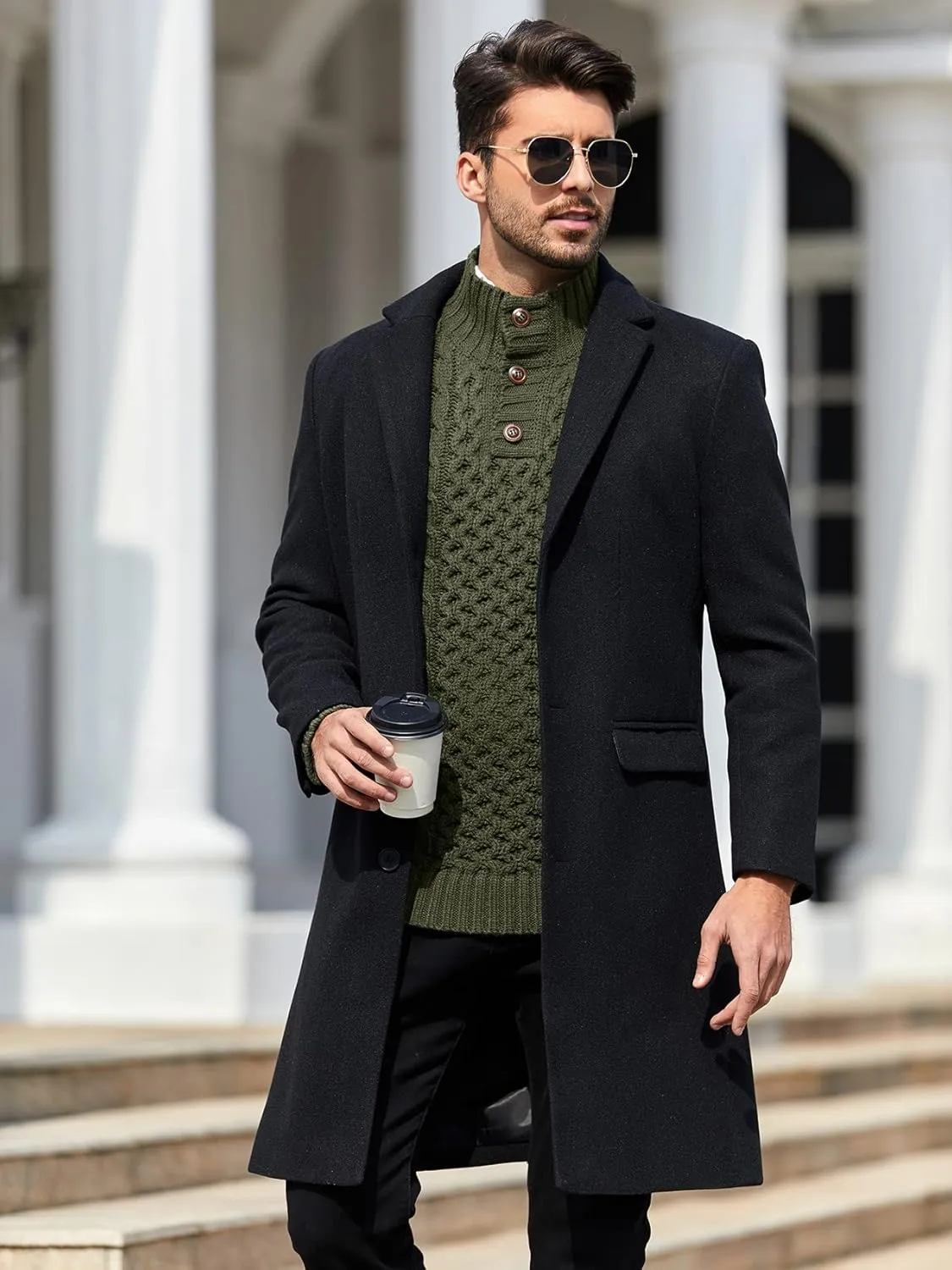 Bbalizko Mens Stand Collar Pullover Sweater Cable Knitted Chunky Winter Fashion Buttons Twisted Thermal Sweaters
