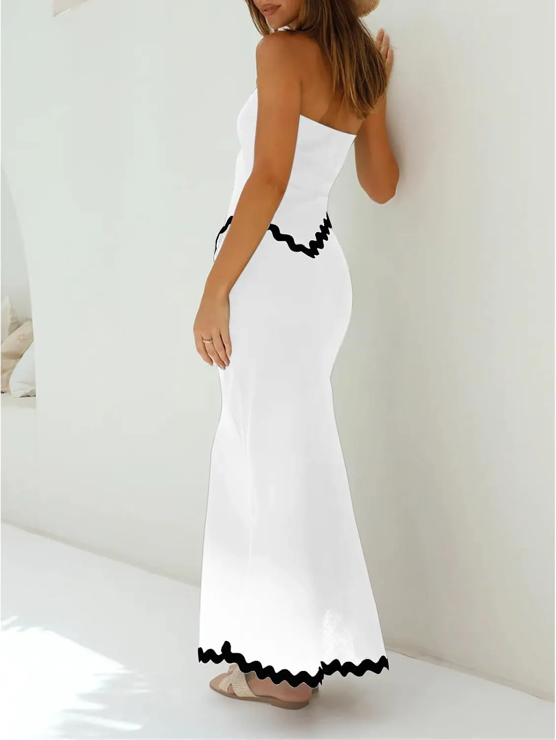 Beach Vacation Midi Dress Set 2024 Summer 2 Piece Sets Sleeveless Irregular Tube Top and Flowy Maxi Skirt Outfits