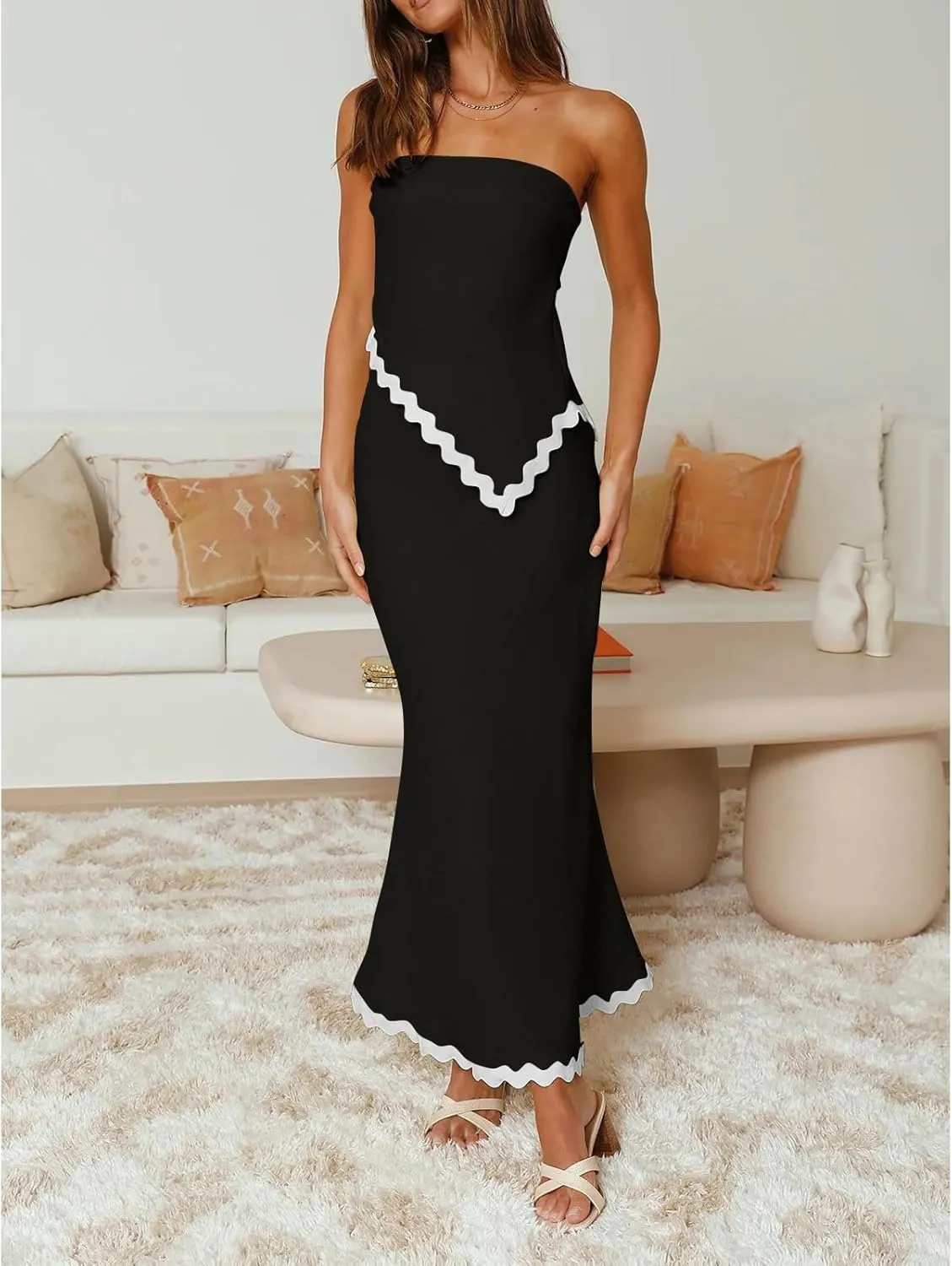 Beach Vacation Midi Dress Set 2024 Summer 2 Piece Sets Sleeveless Irregular Tube Top and Flowy Maxi Skirt Outfits