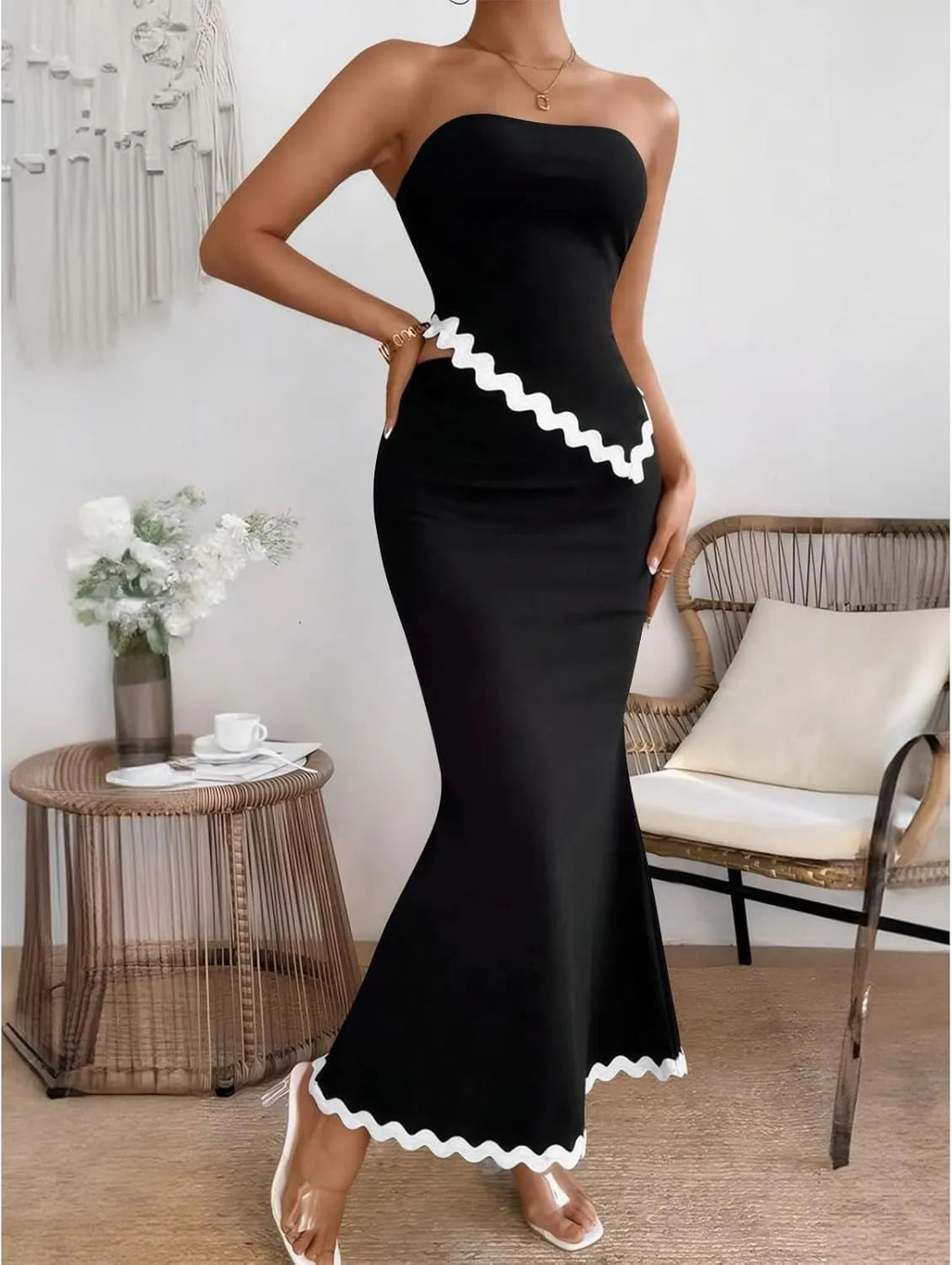 Beach Vacation Midi Dress Set 2024 Summer 2 Piece Sets Sleeveless Irregular Tube Top and Flowy Maxi Skirt Outfits