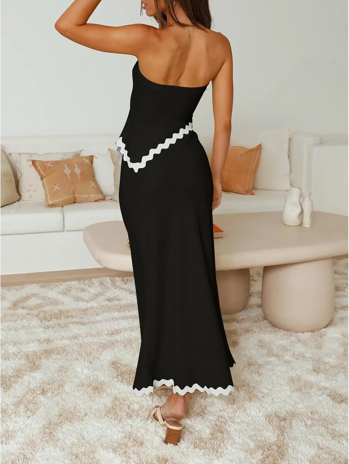 Beach Vacation Midi Dress Set 2024 Summer 2 Piece Sets Sleeveless Irregular Tube Top and Flowy Maxi Skirt Outfits