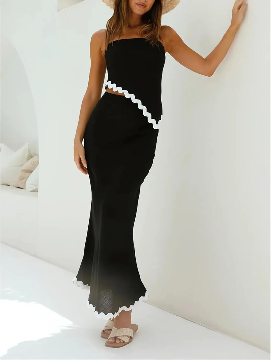 Beach Vacation Midi Dress Set 2024 Summer 2 Piece Sets Sleeveless Irregular Tube Top and Flowy Maxi Skirt Outfits