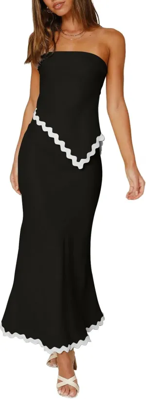 Beach Vacation Midi Dress Set 2024 Summer 2 Piece Sets Sleeveless Irregular Tube Top and Flowy Maxi Skirt Outfits
