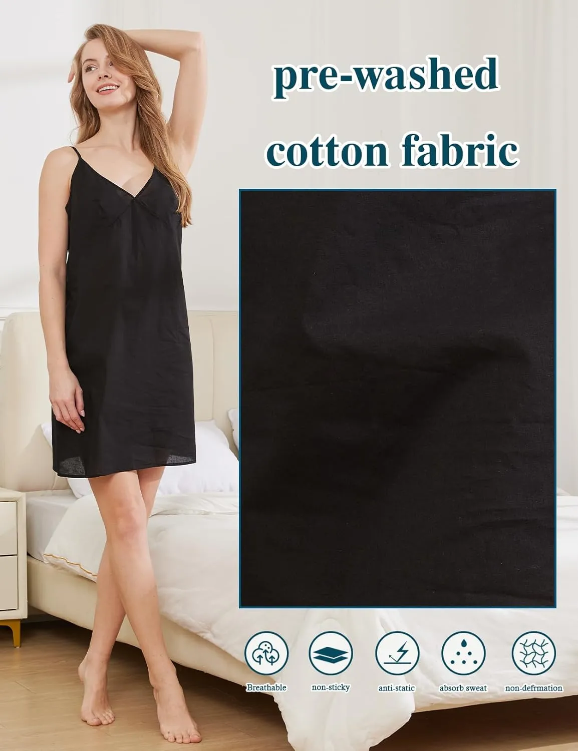 BEAUTELICATE Women 100% Dress Slip Cotton Slip Under Dress Above Knee Full Slip Adjustable Straps Nightgown