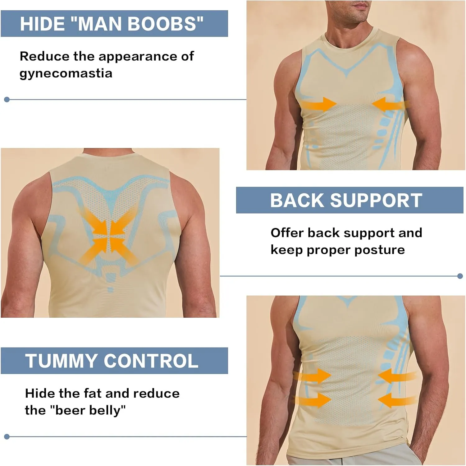 Beotyshow Ionic Shaping Sleeveless Shirt Gynecomastia Compression Shirts Slimming Body Shaper Vest Shapewear Tank Top for Men