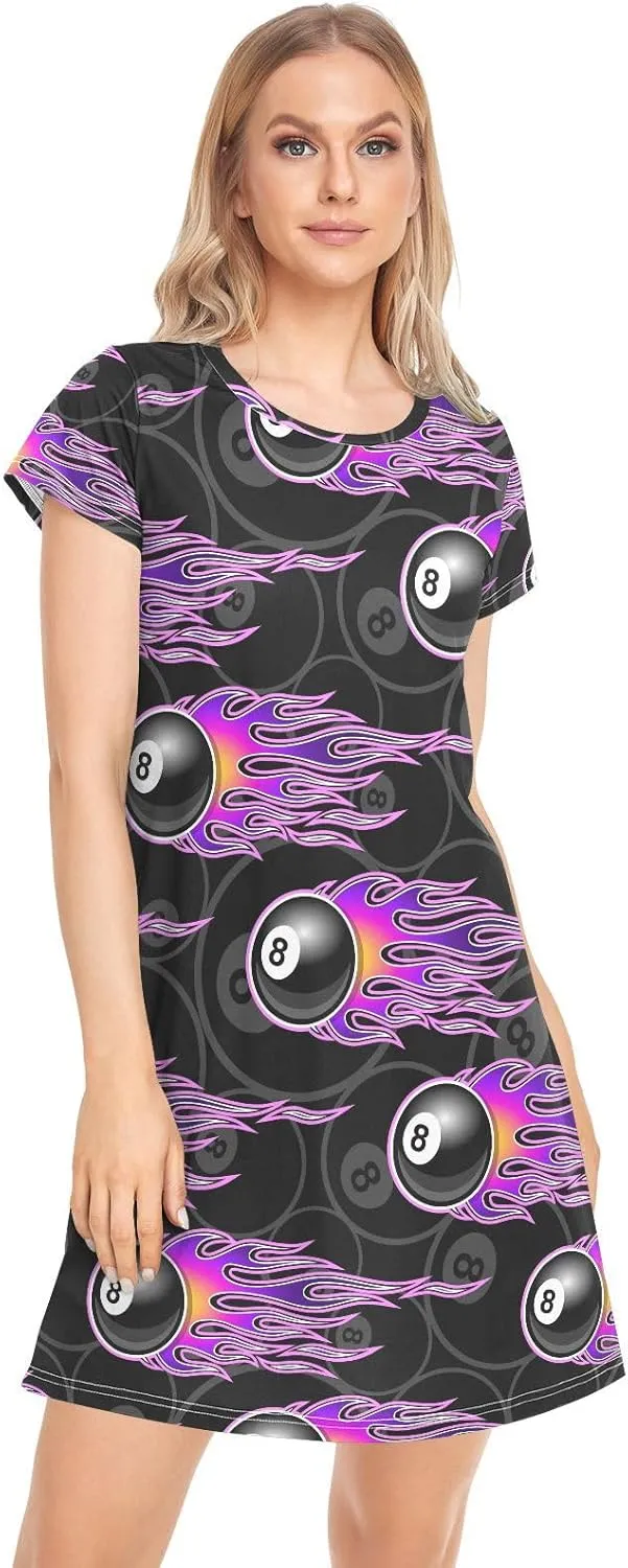 Billiards 8 Ball Nightgowns for Women Short Sleeve Sleepshirt Dress Casual Print Sleepdress Sleepwear Pajama Dress