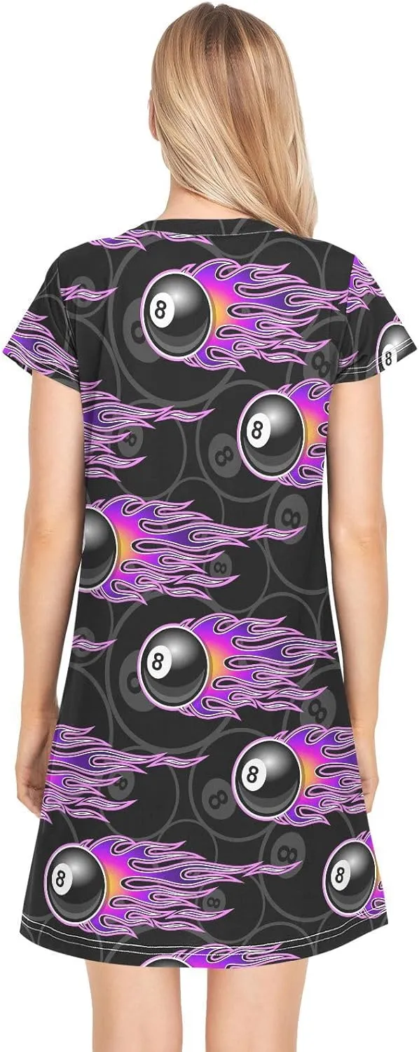 Billiards 8 Ball Nightgowns for Women Short Sleeve Sleepshirt Dress Casual Print Sleepdress Sleepwear Pajama Dress