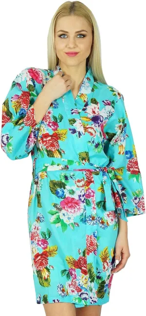 Bimba Women Bridesmaid Robe Floral Short Cotton Getting Ready Robes Aqua Blue