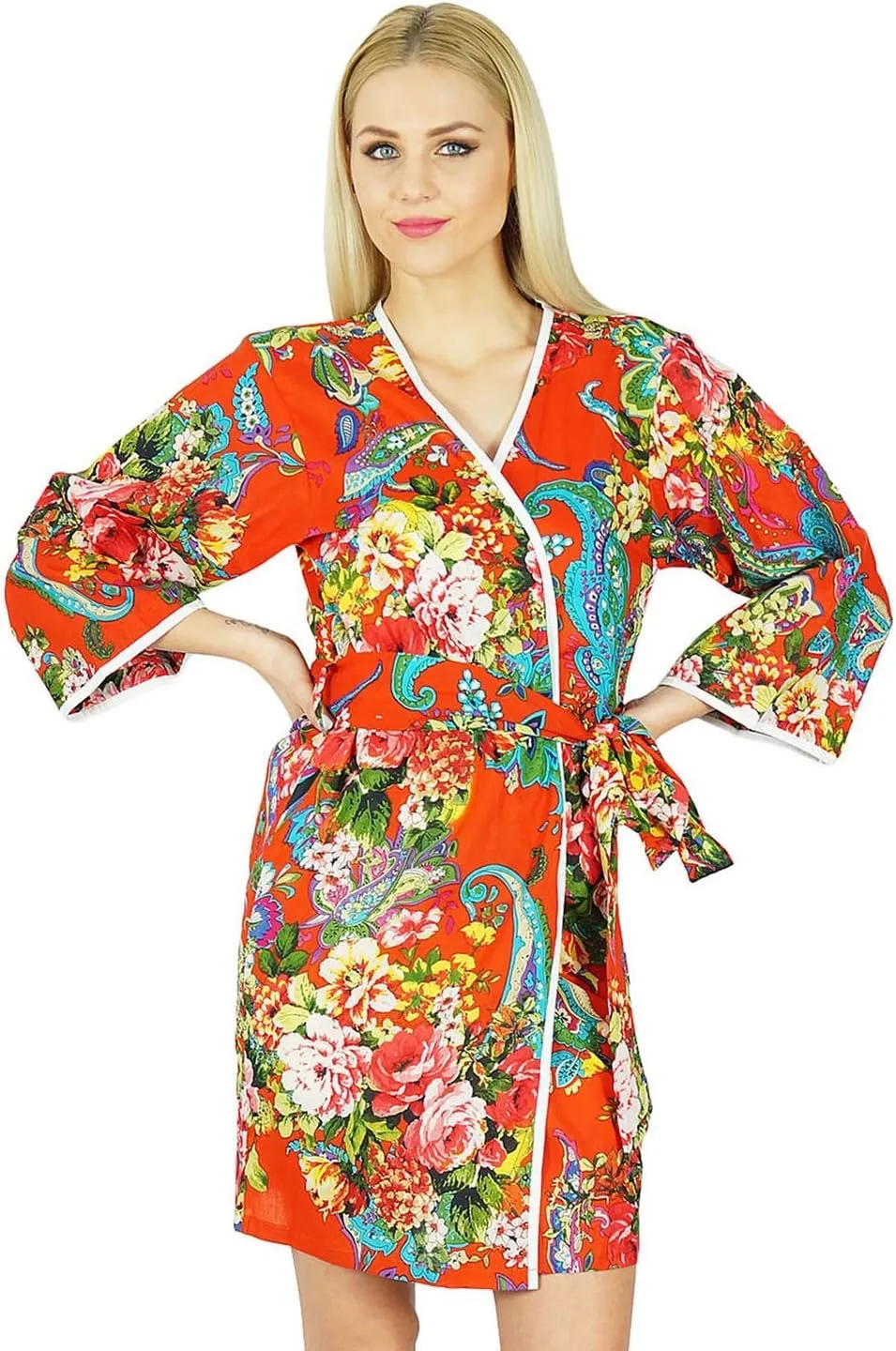 Bimba Women Bridesmaid Robe Floral Short Cotton Getting Ready Robes Red