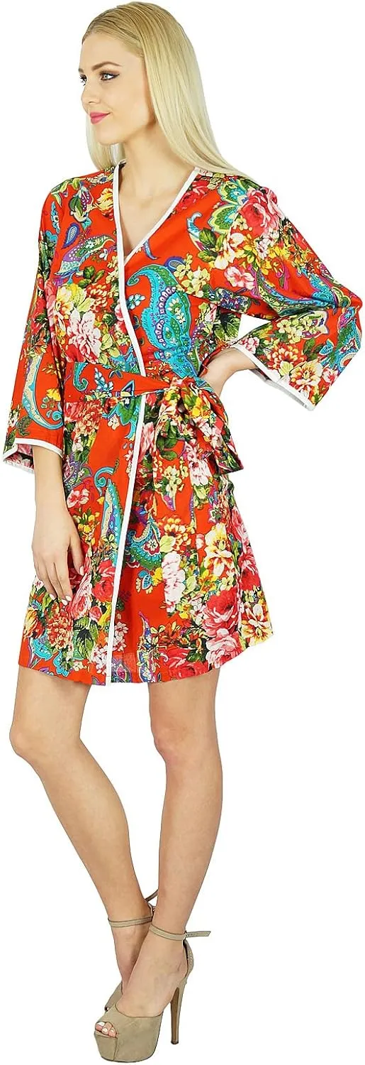 Bimba Women Bridesmaid Robe Floral Short Cotton Getting Ready Robes Red