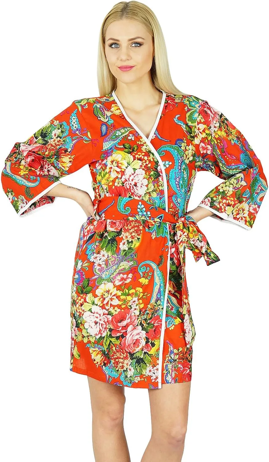 Bimba Women Bridesmaid Robe Floral Short Cotton Getting Ready Robes Red