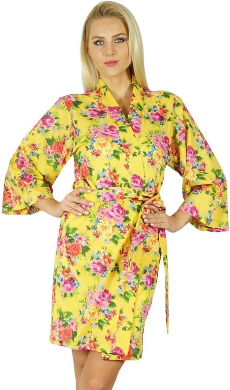 Bimba Women Cotton Printed White Floral Robe Bridal Bridesmaid Getting Ready Coverups