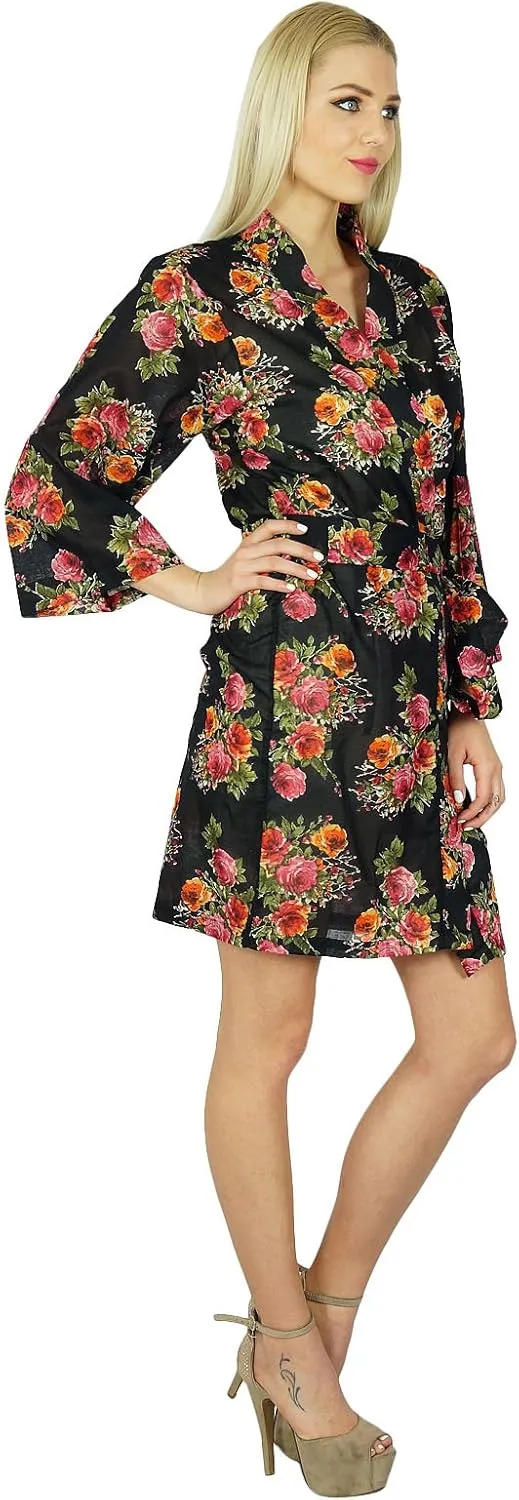 Bimba Women Floral Black Robe Short Cotton Getting Ready Bridesmaid Robes