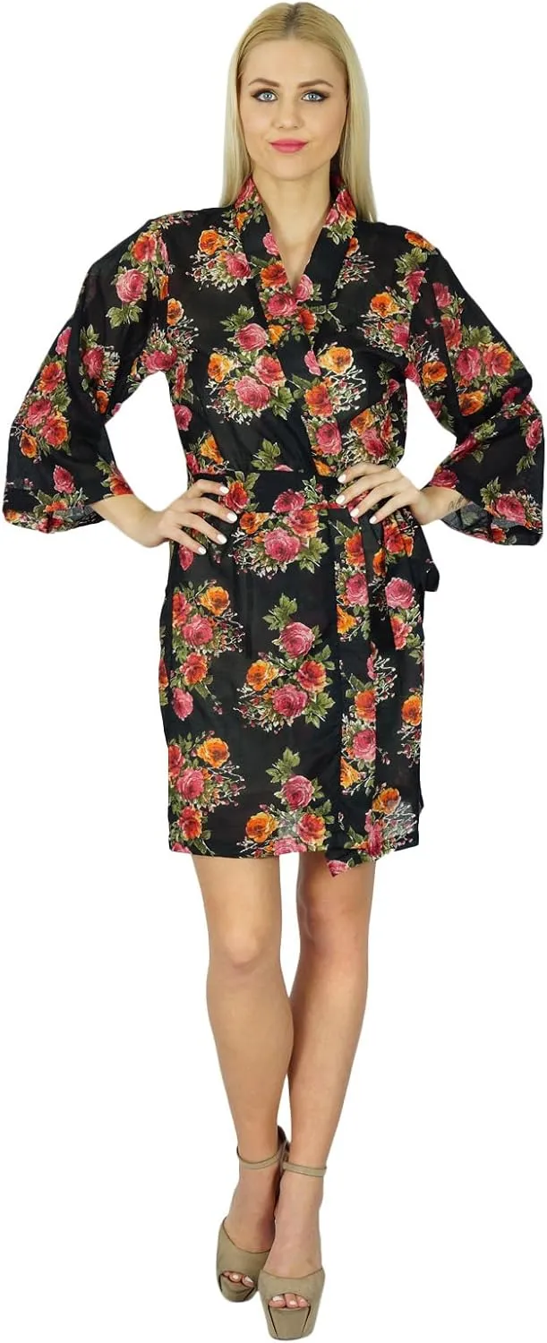 Bimba Women Floral Black Robe Short Cotton Getting Ready Bridesmaid Robes