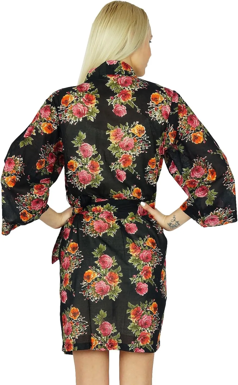 Bimba Women Floral Black Robe Short Cotton Getting Ready Bridesmaid Robes