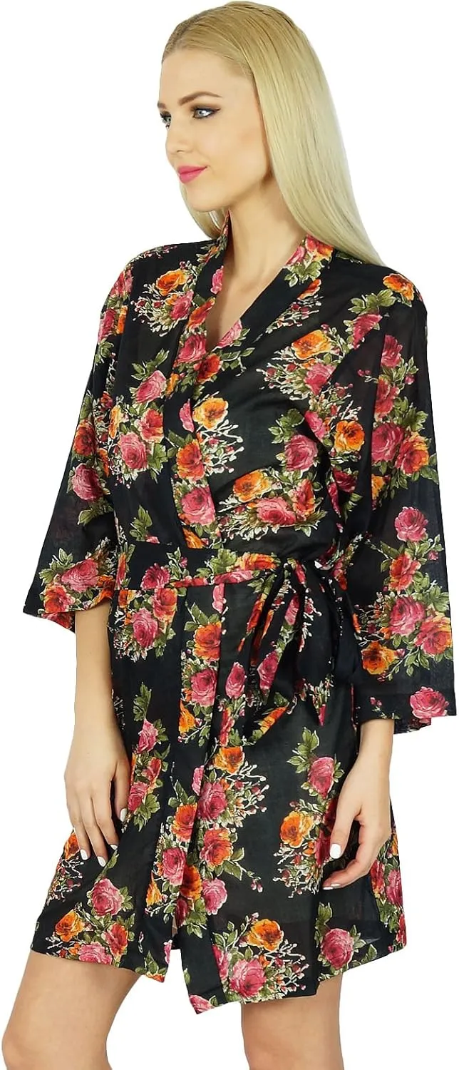 Bimba Women Floral Black Robe Short Cotton Getting Ready Bridesmaid Robes
