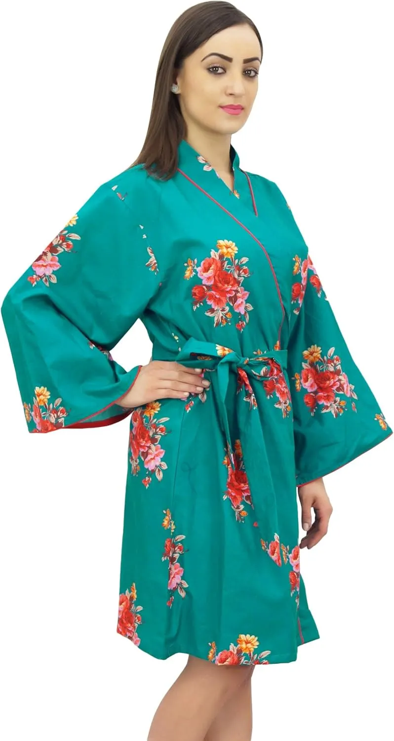 Bimba Women Floral Print Kimono Robe Cotton Poplin Bridal Sleepwear Cover Up