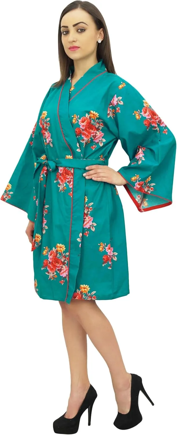 Bimba Women Floral Print Kimono Robe Cotton Poplin Bridal Sleepwear Cover Up