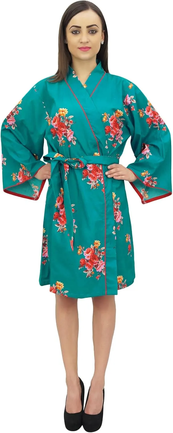 Bimba Women Floral Print Kimono Robe Cotton Poplin Bridal Sleepwear Cover Up