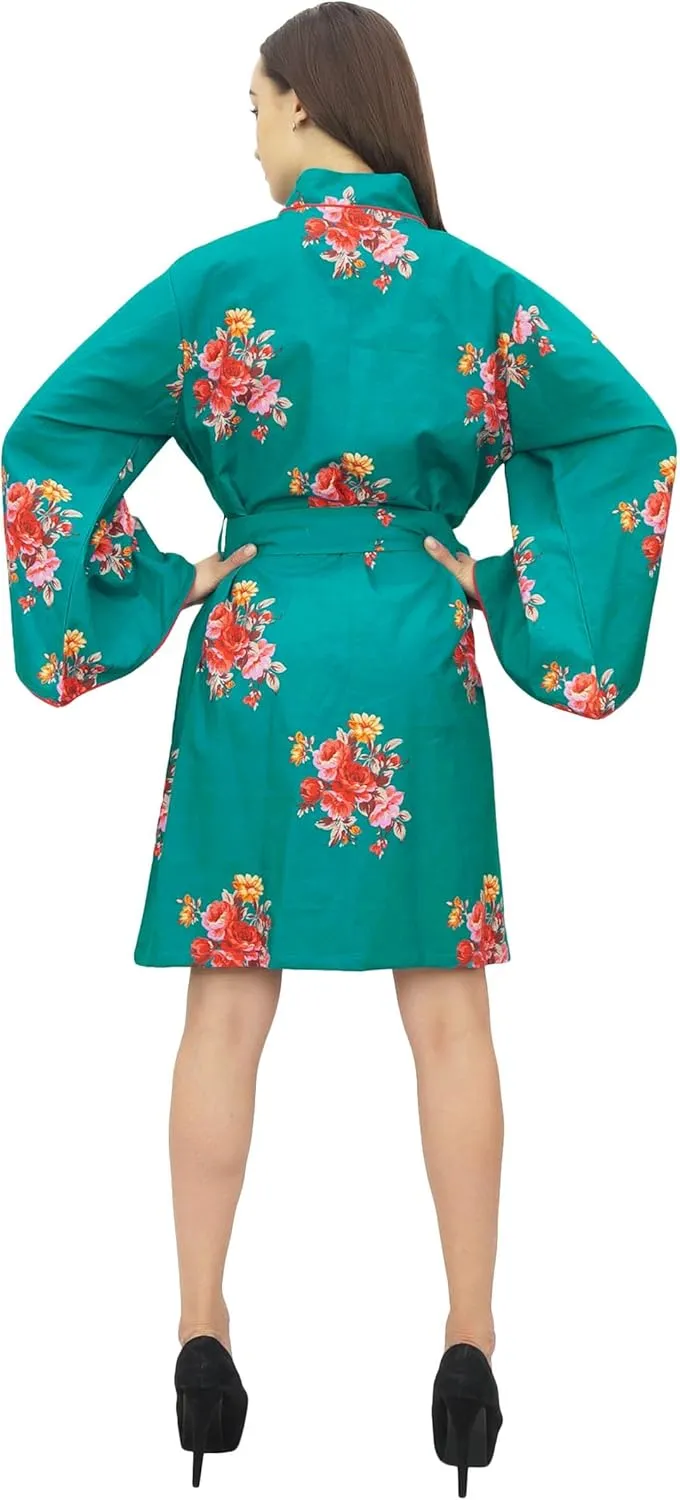 Bimba Women Floral Print Kimono Robe Cotton Poplin Bridal Sleepwear Cover Up