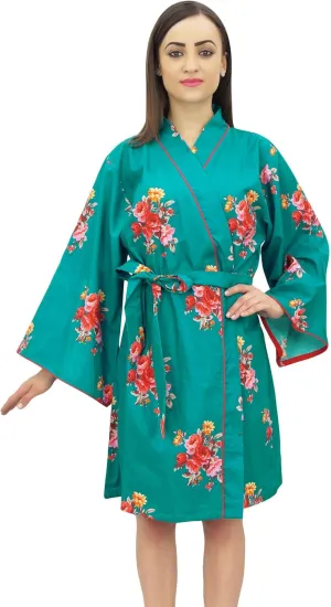 Bimba Women Floral Print Kimono Robe Cotton Poplin Bridal Sleepwear Cover Up