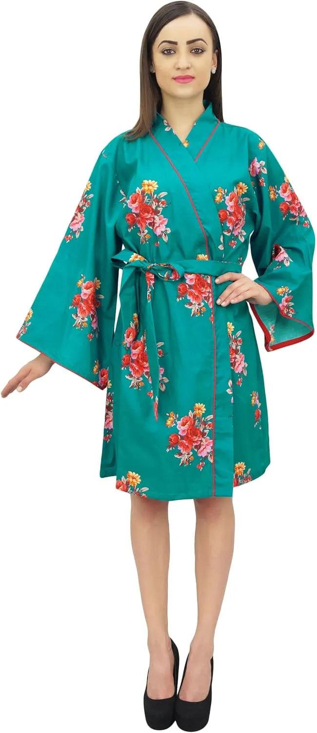 Bimba Women Floral Print Kimono Robe Cotton Poplin Bridal Sleepwear Cover Up