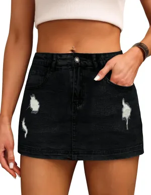 BISUAL Denim Skort for Women High Waist Ripped Mini Denim Skirt Casual Distressed Stretch Women Jean Skirt