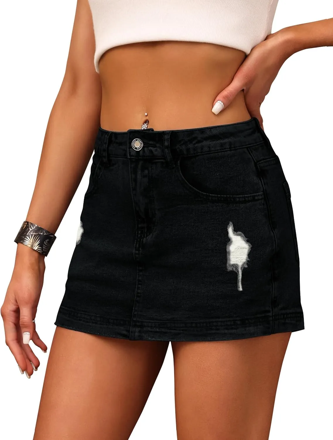 BISUAL Denim Skort for Women High Waist Ripped Mini Denim Skirt Casual Distressed Stretch Women Jean Skirt