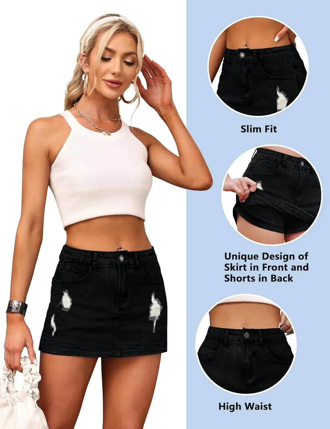 BISUAL Denim Skort for Women High Waist Ripped Mini Denim Skirt Casual Distressed Stretch Women Jean Skirt