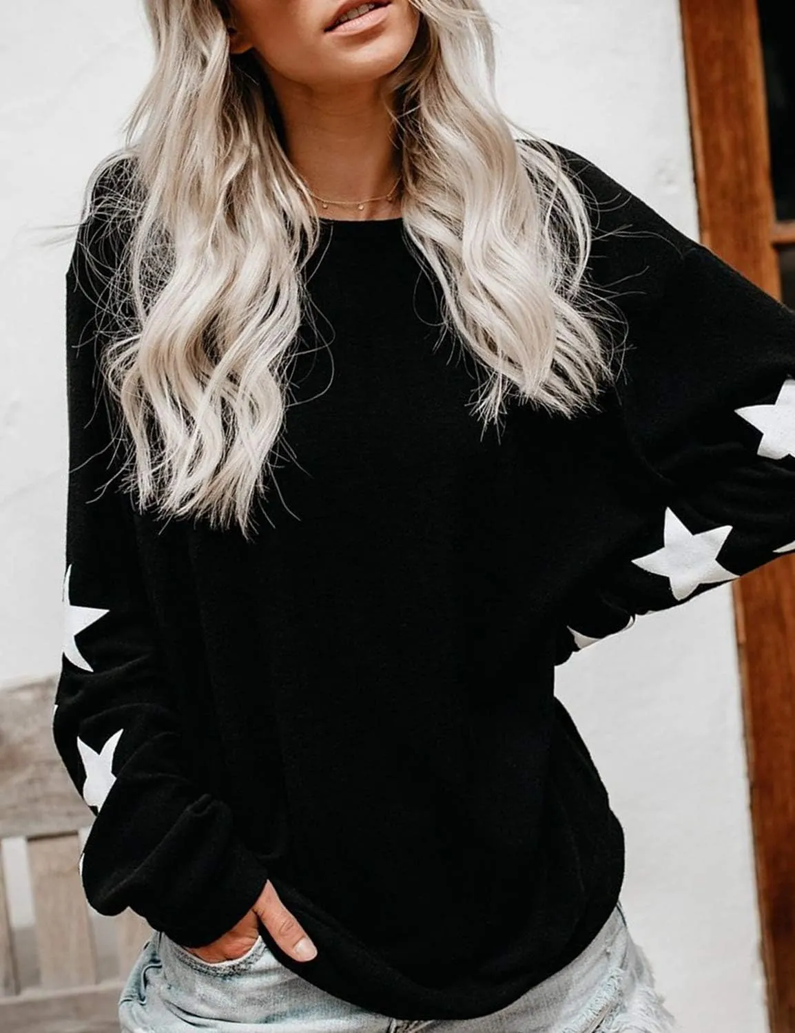 Blooming Jelly Womens Knit Pullover Sweaters Crewneck Long Sleeve Star Print Lightweight Cute Top