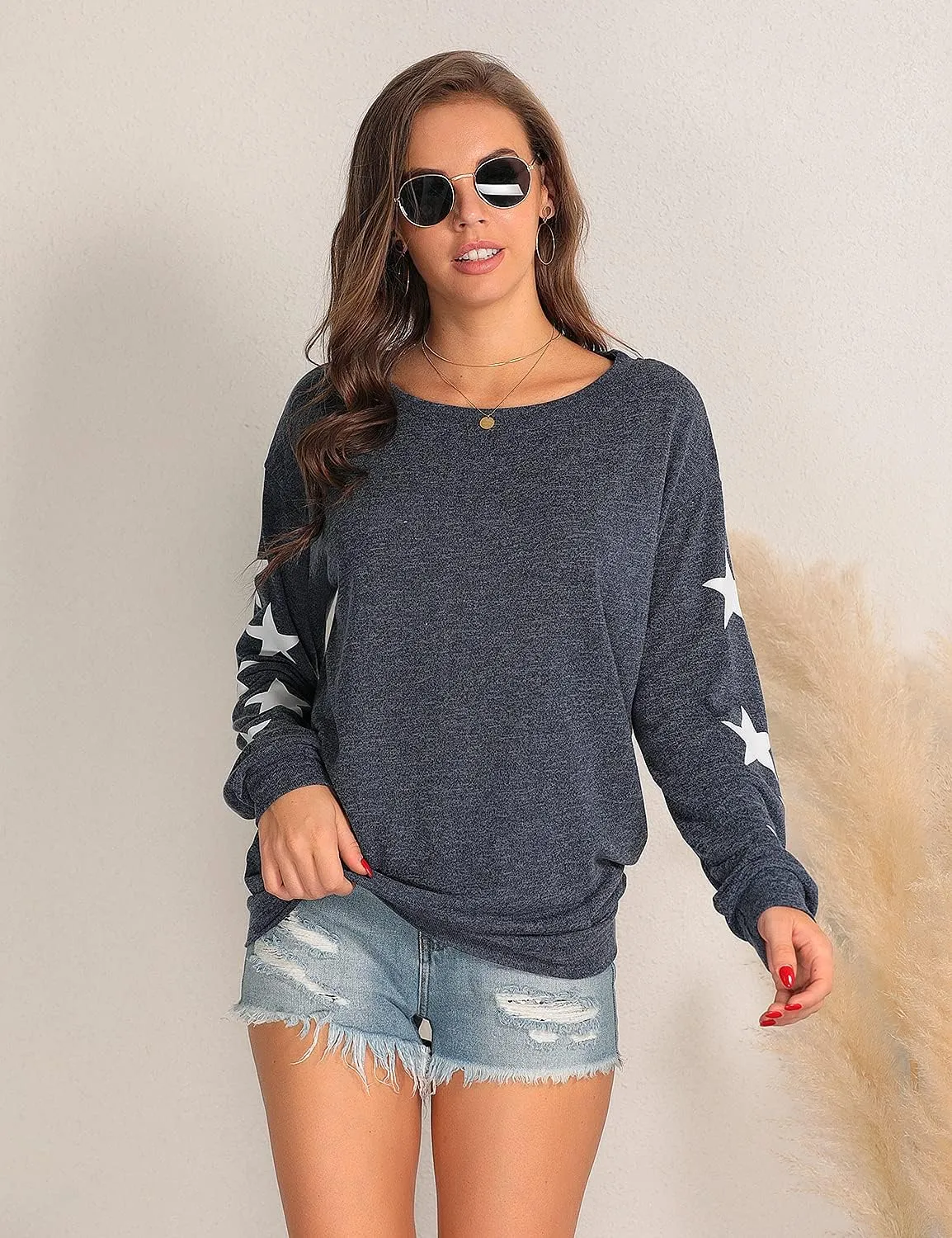 Blooming Jelly Womens Knit Pullover Sweaters Crewneck Long Sleeve Star Print Lightweight Cute Top