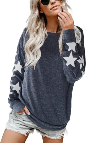 Blooming Jelly Womens Knit Pullover Sweaters Crewneck Long Sleeve Star Print Lightweight Cute Top