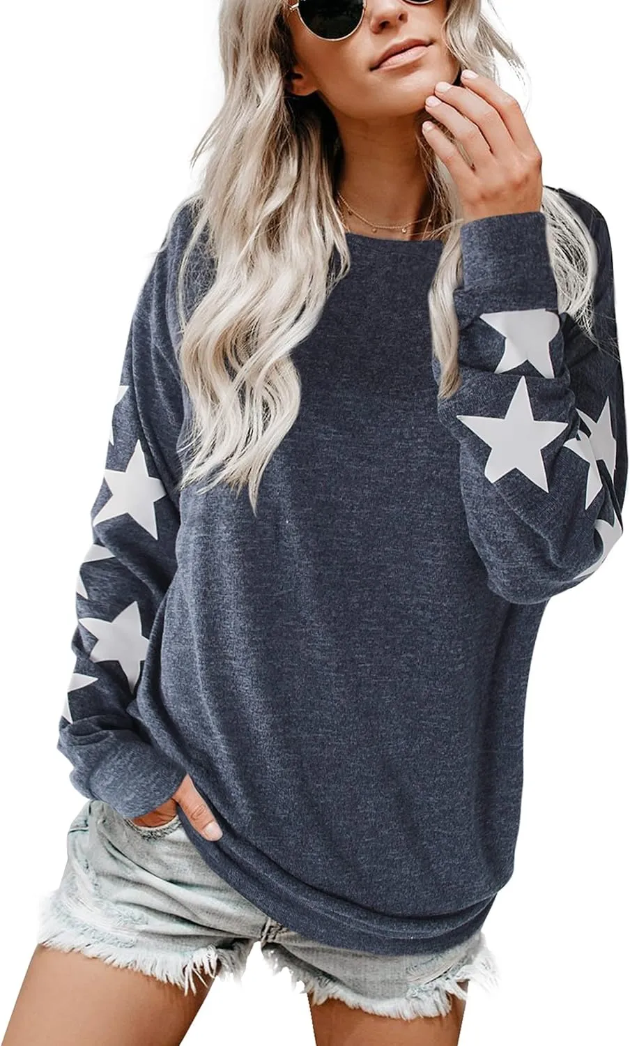Blooming Jelly Womens Knit Pullover Sweaters Crewneck Long Sleeve Star Print Lightweight Cute Top
