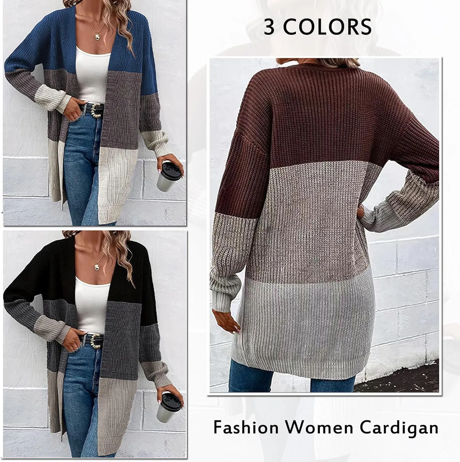 Blostirno Womens Striped Long Open Cardigan Sweaters Long Sleeve Contrast Color Knitted Coat Outerwear
