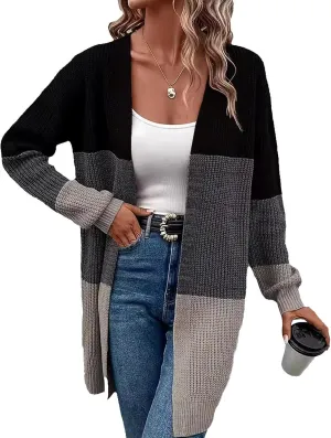 Blostirno Womens Striped Long Open Cardigan Sweaters Long Sleeve Contrast Color Knitted Coat Outerwear