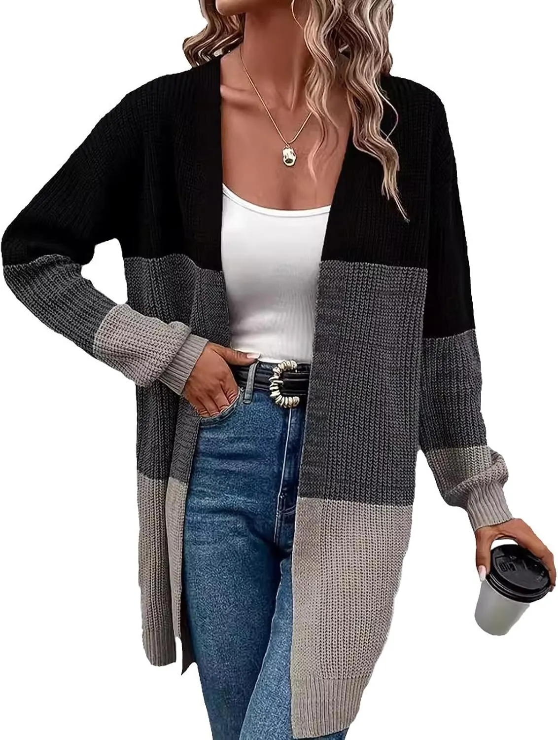 Blostirno Womens Striped Long Open Cardigan Sweaters Long Sleeve Contrast Color Knitted Coat Outerwear
