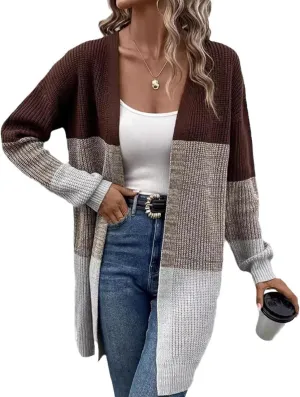 Blostirno Womens Striped Long Open Cardigan Sweaters Long Sleeve Contrast Color Knitted Coat Outerwear