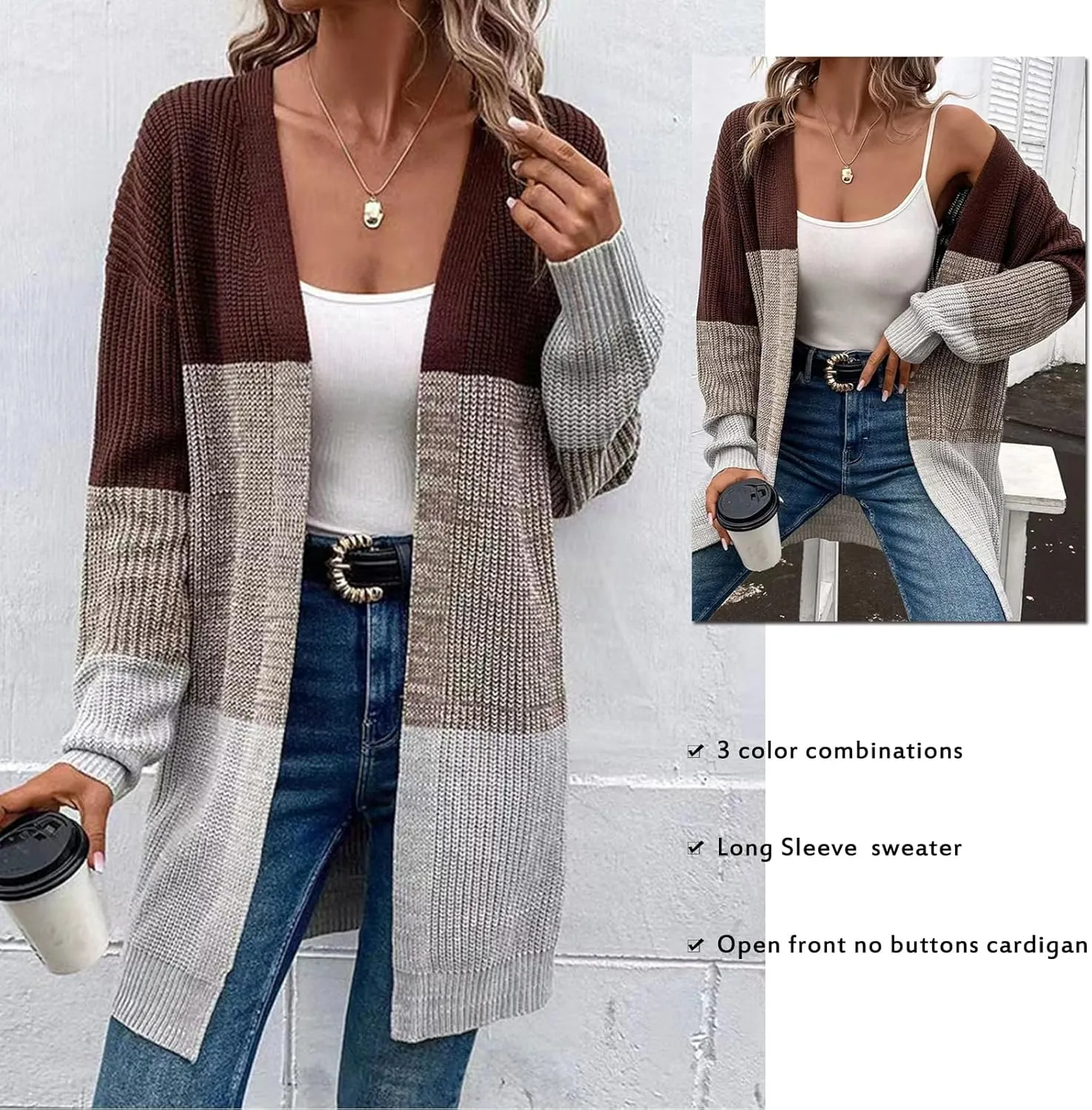 Blostirno Womens Striped Long Open Cardigan Sweaters Long Sleeve Contrast Color Knitted Coat Outerwear