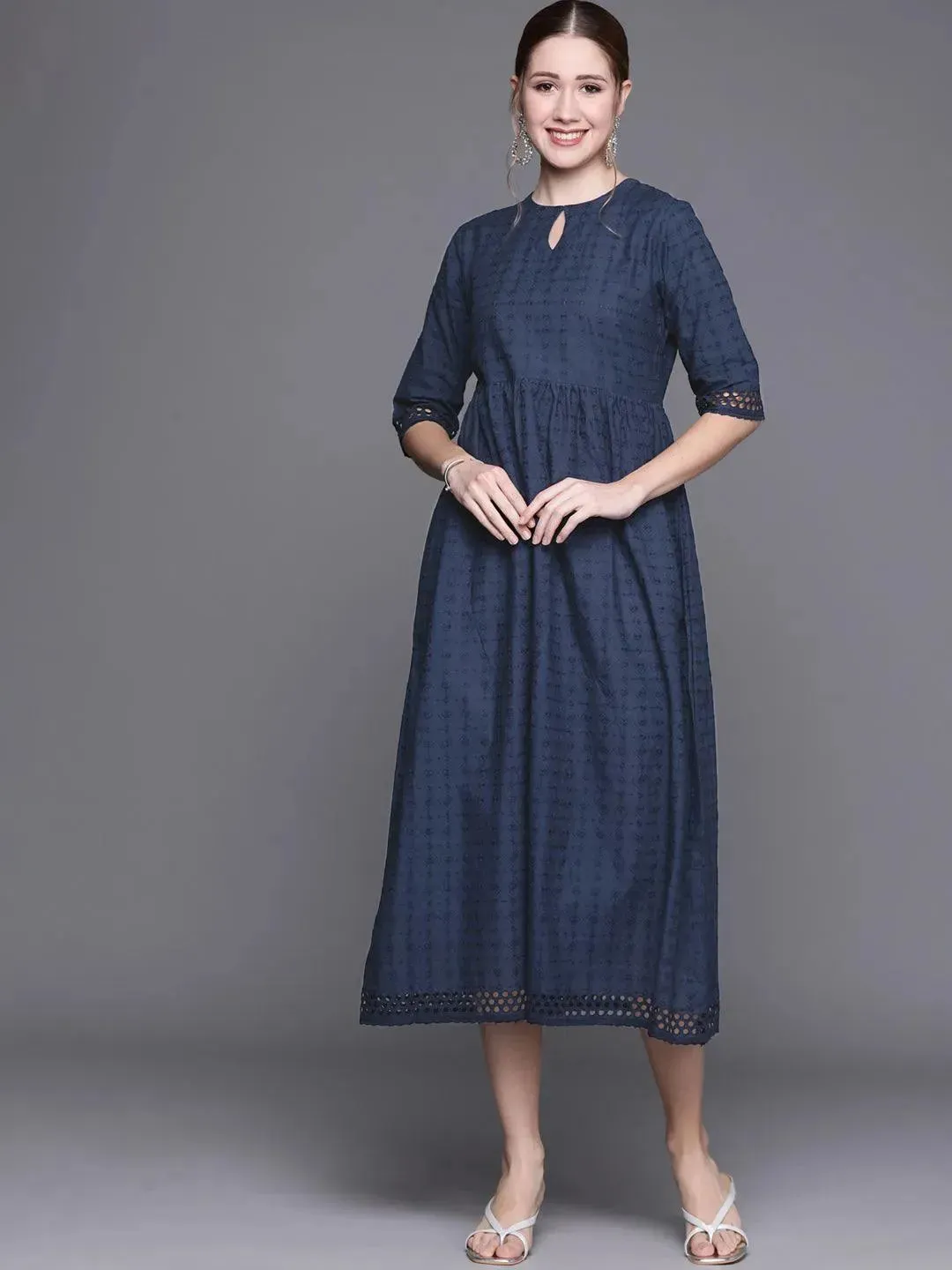 Blue Embroidered Cotton Dress