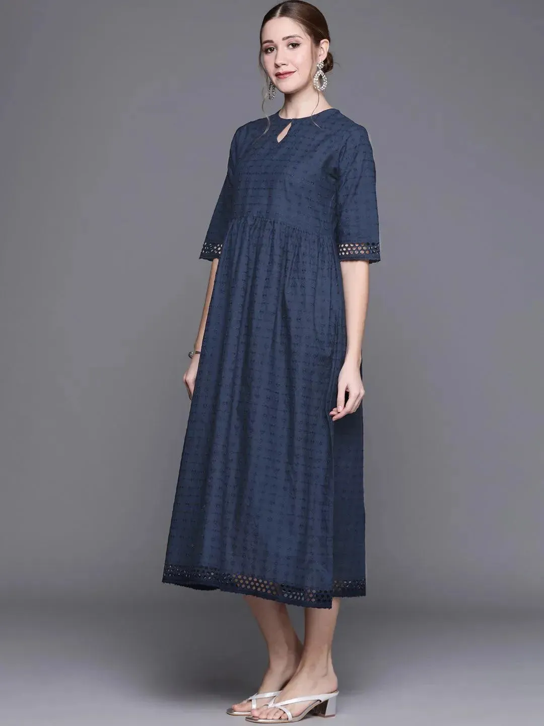 Blue Embroidered Cotton Dress