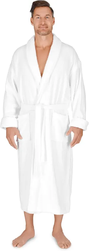 Boca Terry Men's Robe. 100% Cotton Terry Cloth, Shawl Collar, Men's Bathrobe. White