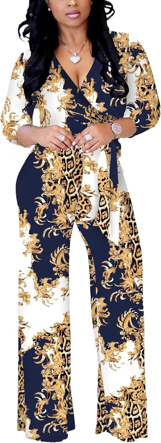 BOGURST Jumpsuits for Women Elegant Print High Waist Sexy V Neck Wide Leg Long Jumpsuit with Belt