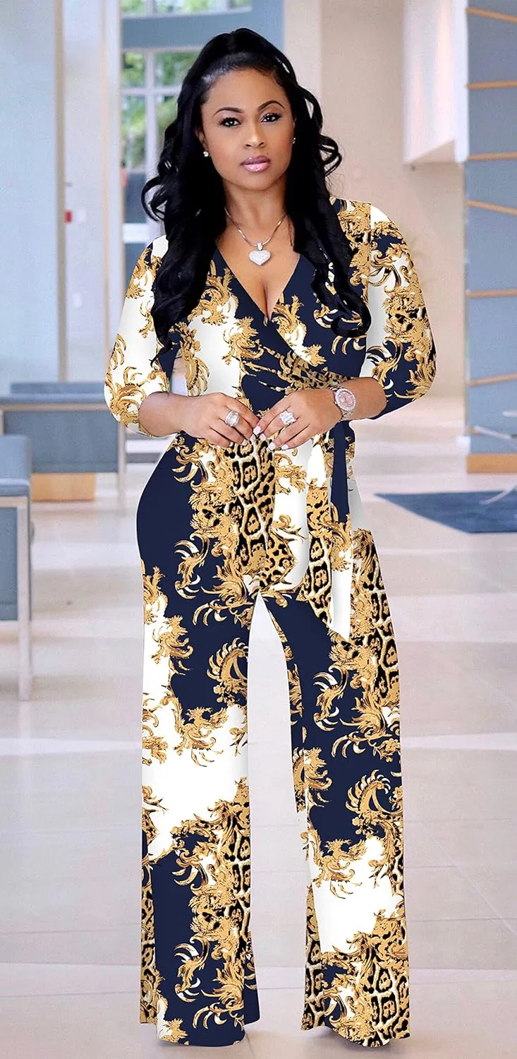 BOGURST Jumpsuits for Women Elegant Print High Waist Sexy V Neck Wide Leg Long Jumpsuit with Belt
