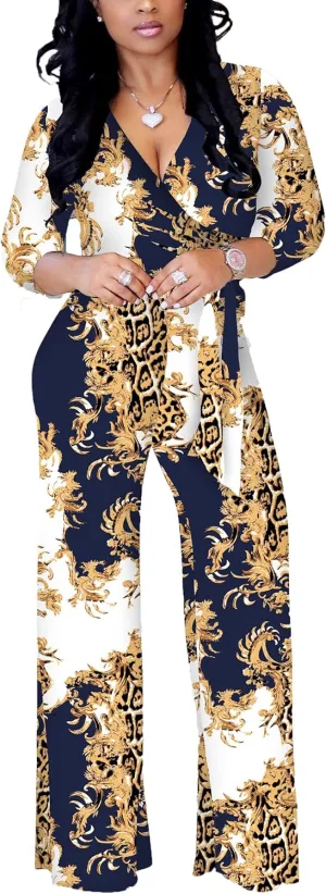 BOGURST Jumpsuits for Women Elegant Print High Waist Sexy V Neck Wide Leg Long Jumpsuit with Belt