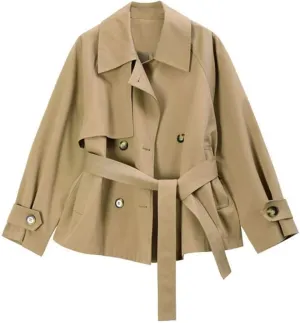 Bollrllr Double Breasted Short Trench Coat Women Winter 2021 Windbreaker Jacket Large Size Outerwear Female Elegant Clothes With Sashes Khaki M